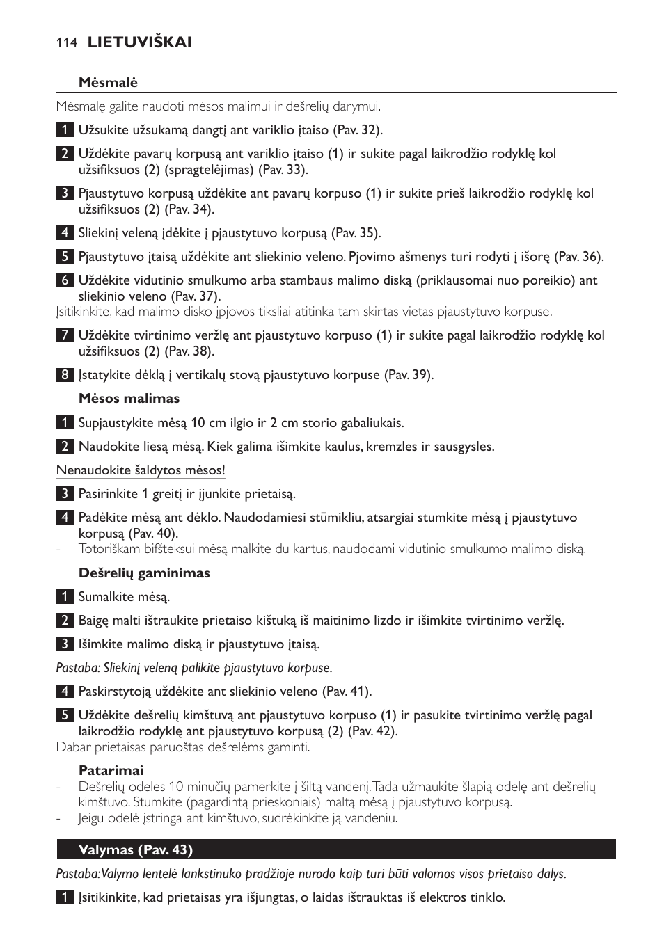 Mėsmalė, Mėsos malimas, Dešrelių gaminimas | Patarimai, Valymas (pav. 43) | Philips HR7766 User Manual | Page 114 / 240