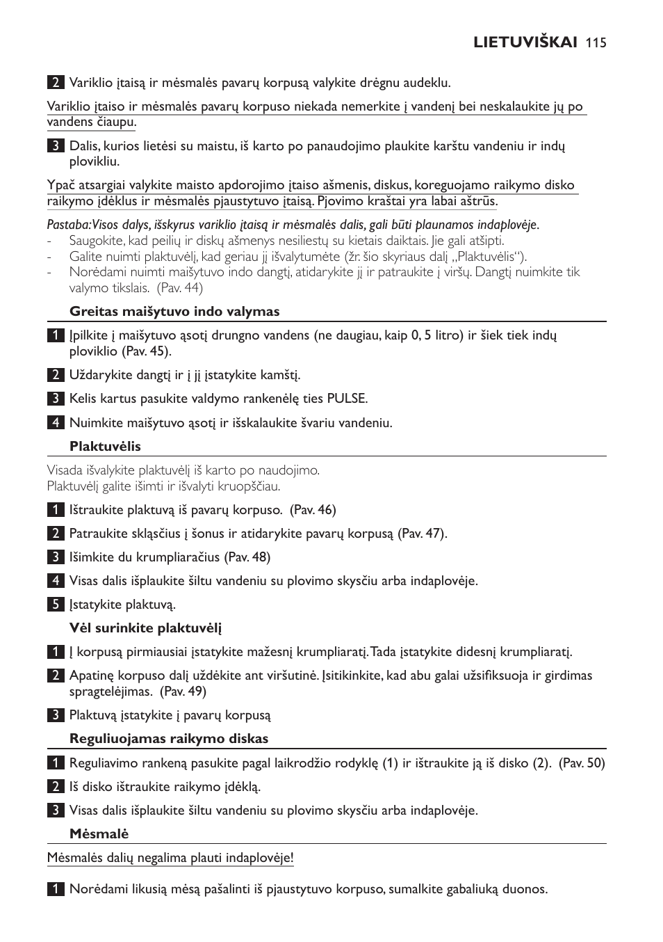 Greitas maišytuvo indo valymas, Plaktuvėlis, Vėl surinkite plaktuvėlį | Reguliuojamas raikymo diskas, Mėsmalė | Philips HR7766 User Manual | Page 115 / 240