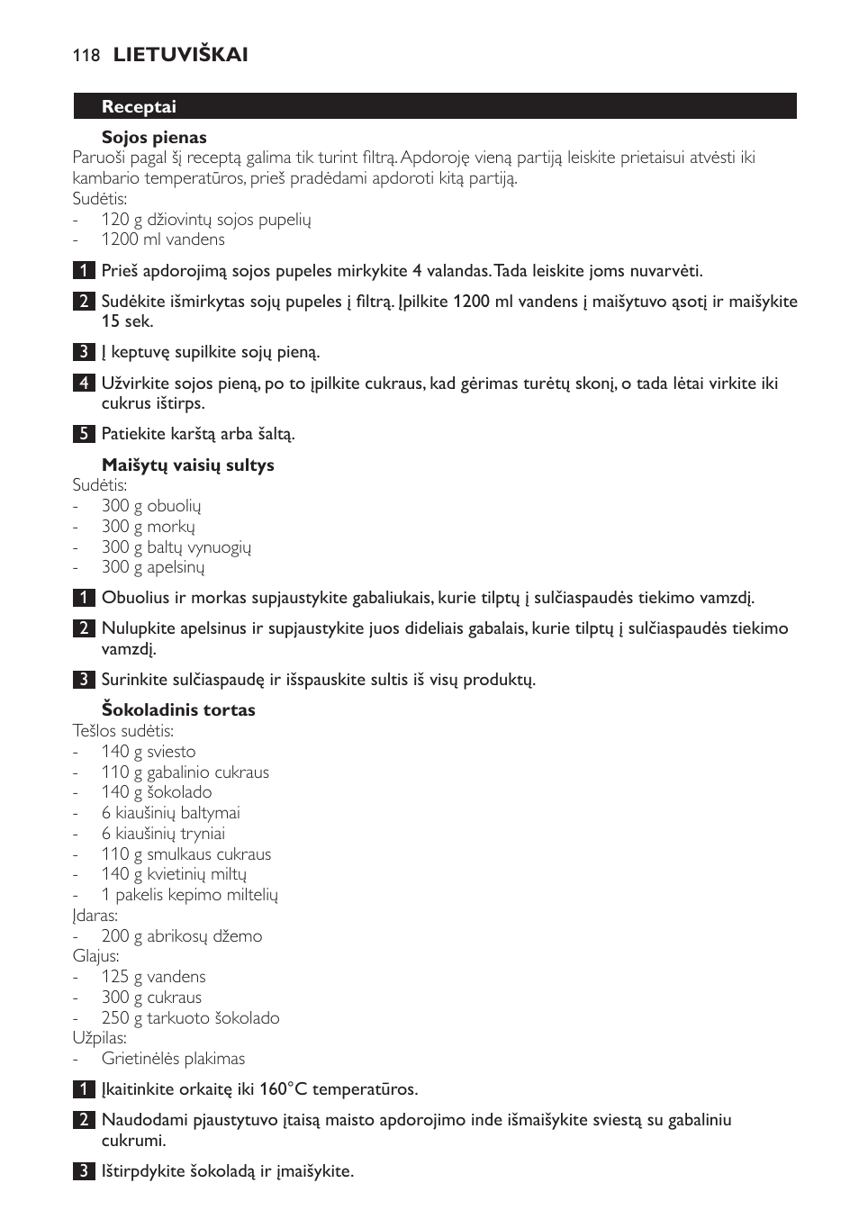 Maišytų vaisių sultys, Šokoladinis tortas | Philips HR7766 User Manual | Page 118 / 240