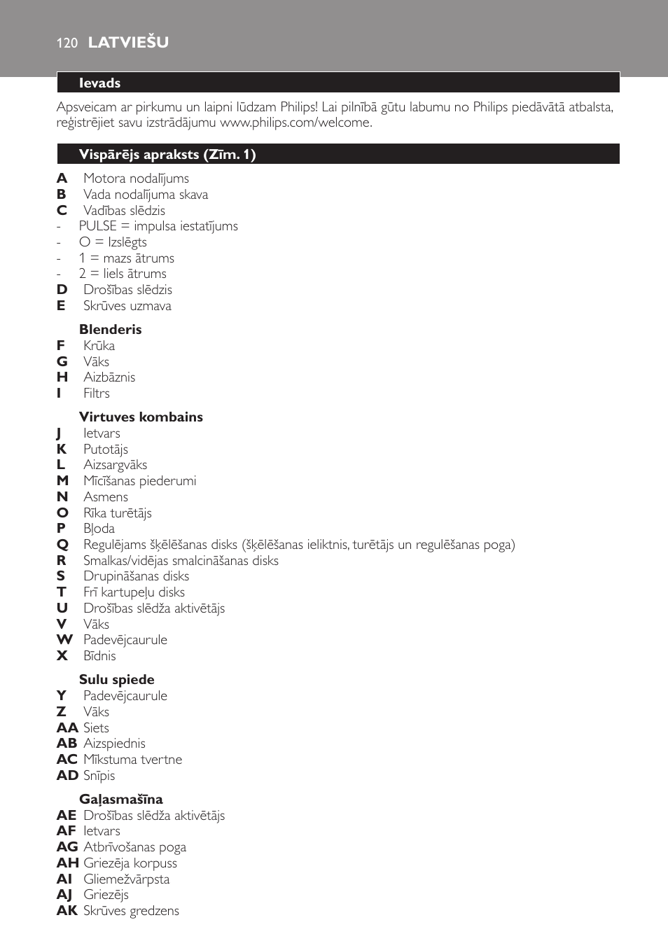 Blenderis, Virtuves kombains, Sulu spiede | Gaļasmašīna, Latviešu, Ievads, Vispārējs apraksts (zīm. 1) | Philips HR7766 User Manual | Page 120 / 240