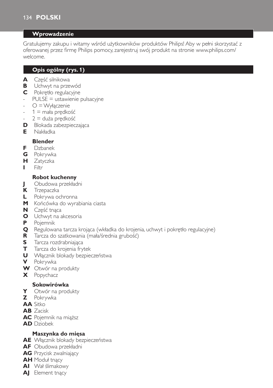 Blender, Robot kuchenny, Sokowirówka | Maszynka do mięsa, Polski, Wprowadzenie, Opis ogólny (rys. 1) | Philips HR7766 User Manual | Page 134 / 240