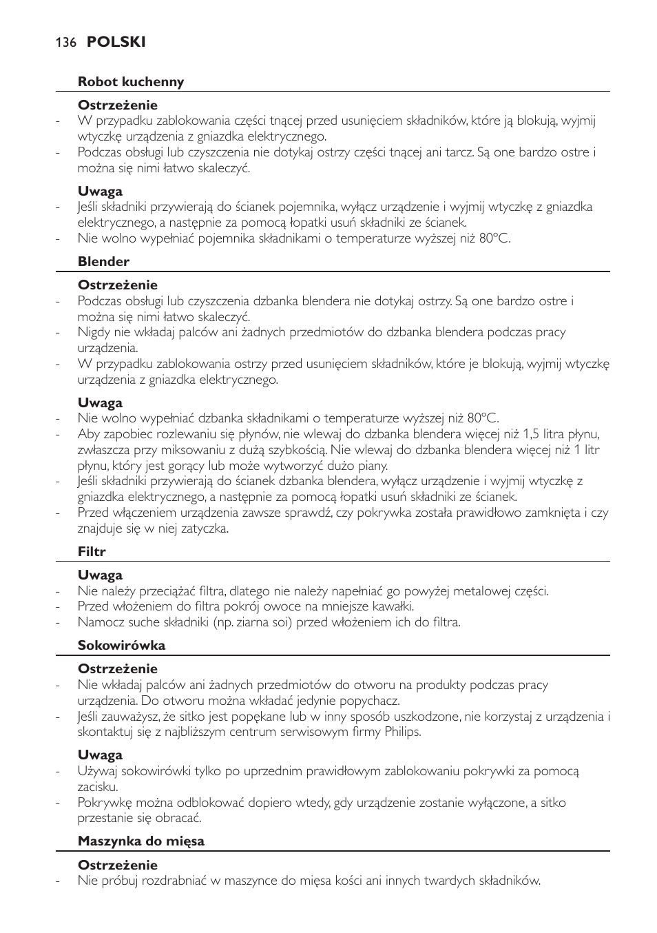 Robot kuchenny, Ostrzeżenie, Uwaga | Blender, Filtr, Sokowirówka, Maszynka do mięsa | Philips HR7766 User Manual | Page 136 / 240