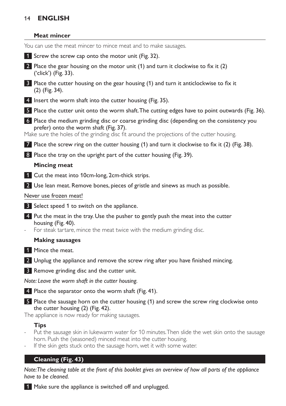 Meat mincer, Mincing meat, Making sausages | Tips, Cleaning (fig. 43) | Philips HR7766 User Manual | Page 14 / 240