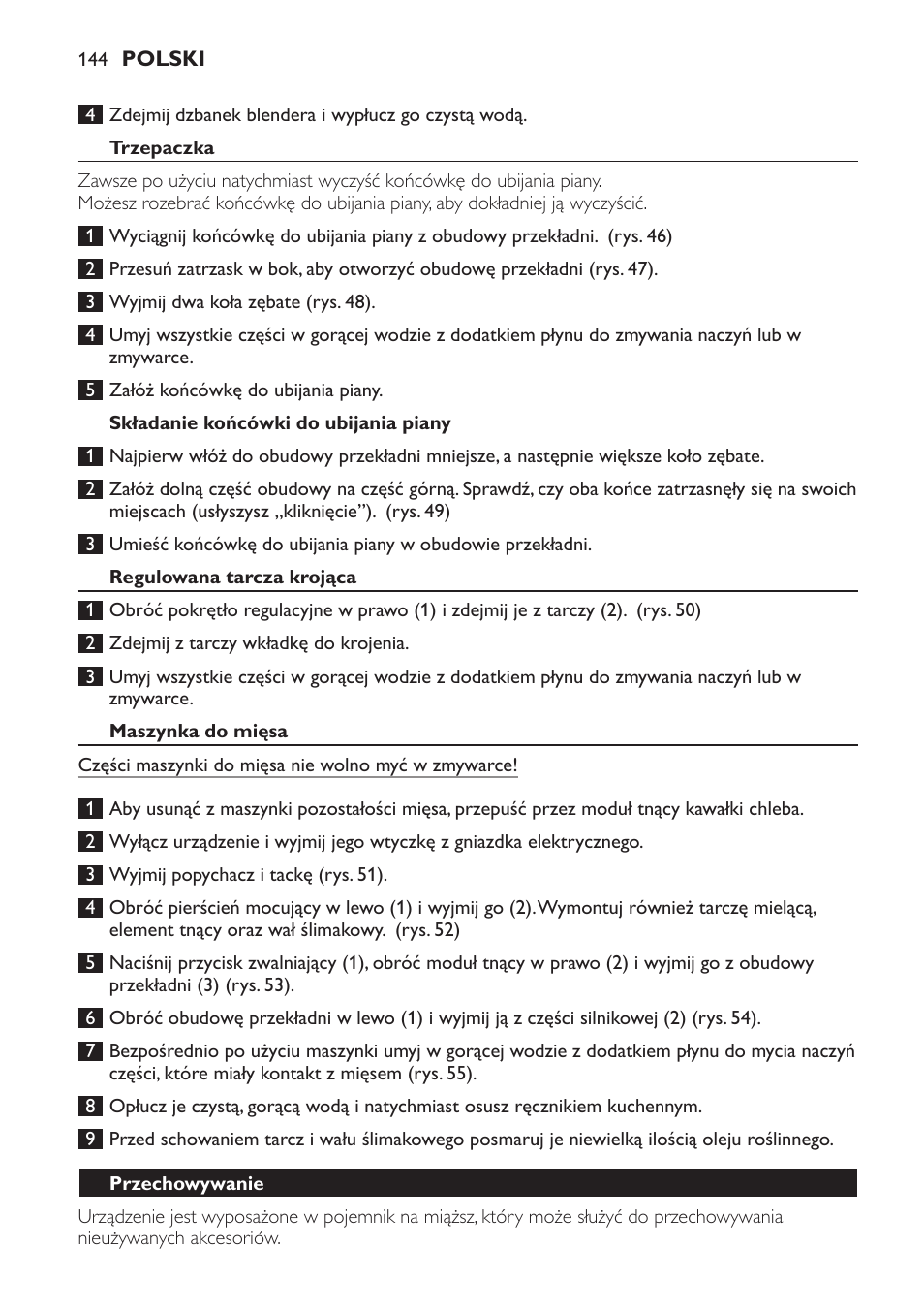 Trzepaczka, Składanie końcówki do ubijania piany, Regulowana tarcza krojąca | Maszynka do mięsa, Przechowywanie | Philips HR7766 User Manual | Page 144 / 240