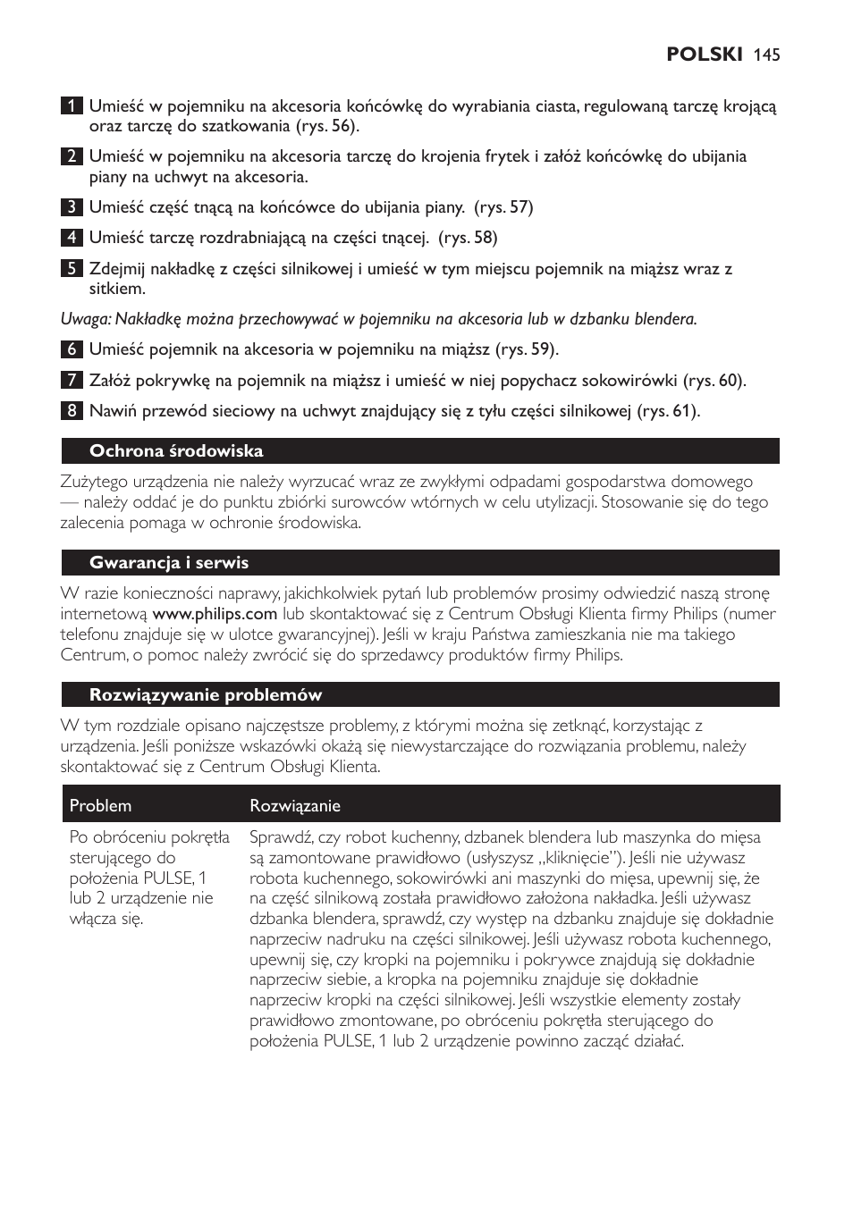 Ochrona środowiska, Gwarancja i serwis, Rozwiązywanie problemów | Philips HR7766 User Manual | Page 145 / 240