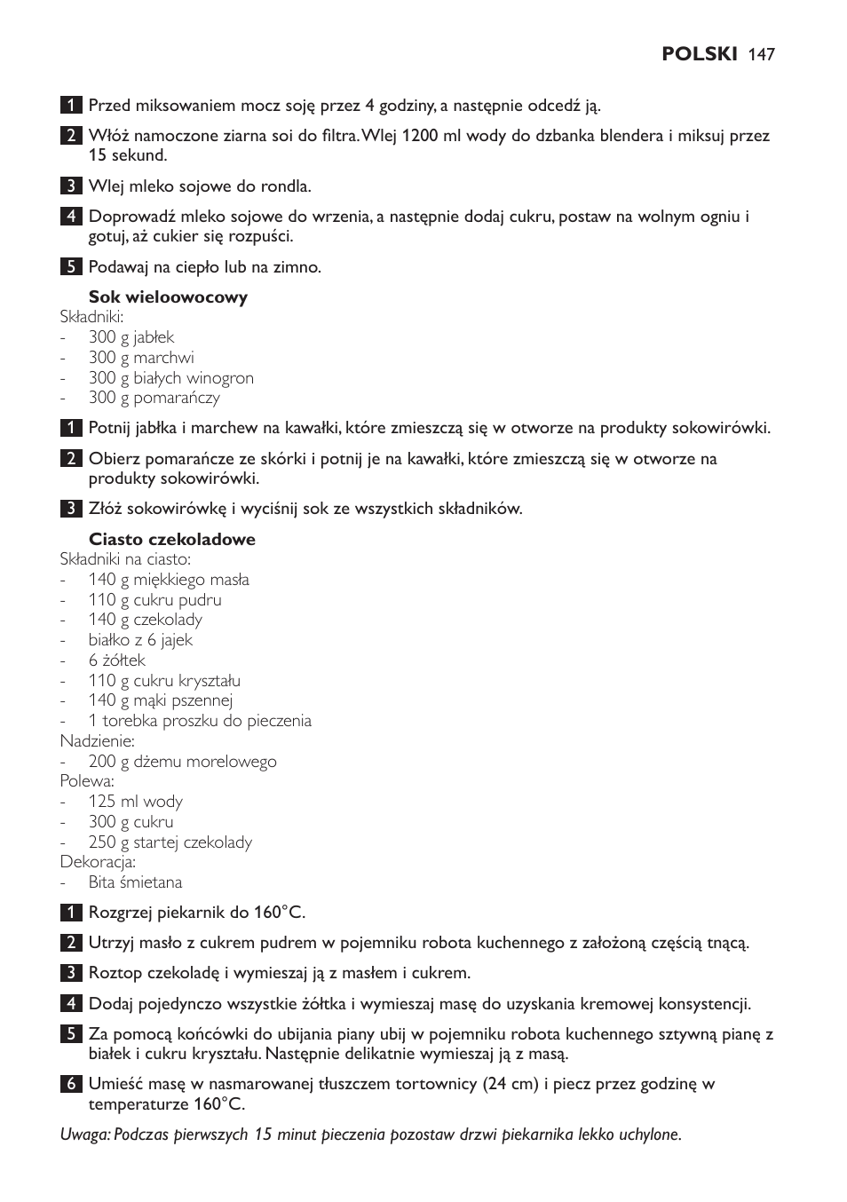 Sok wieloowocowy, Ciasto czekoladowe | Philips HR7766 User Manual | Page 147 / 240