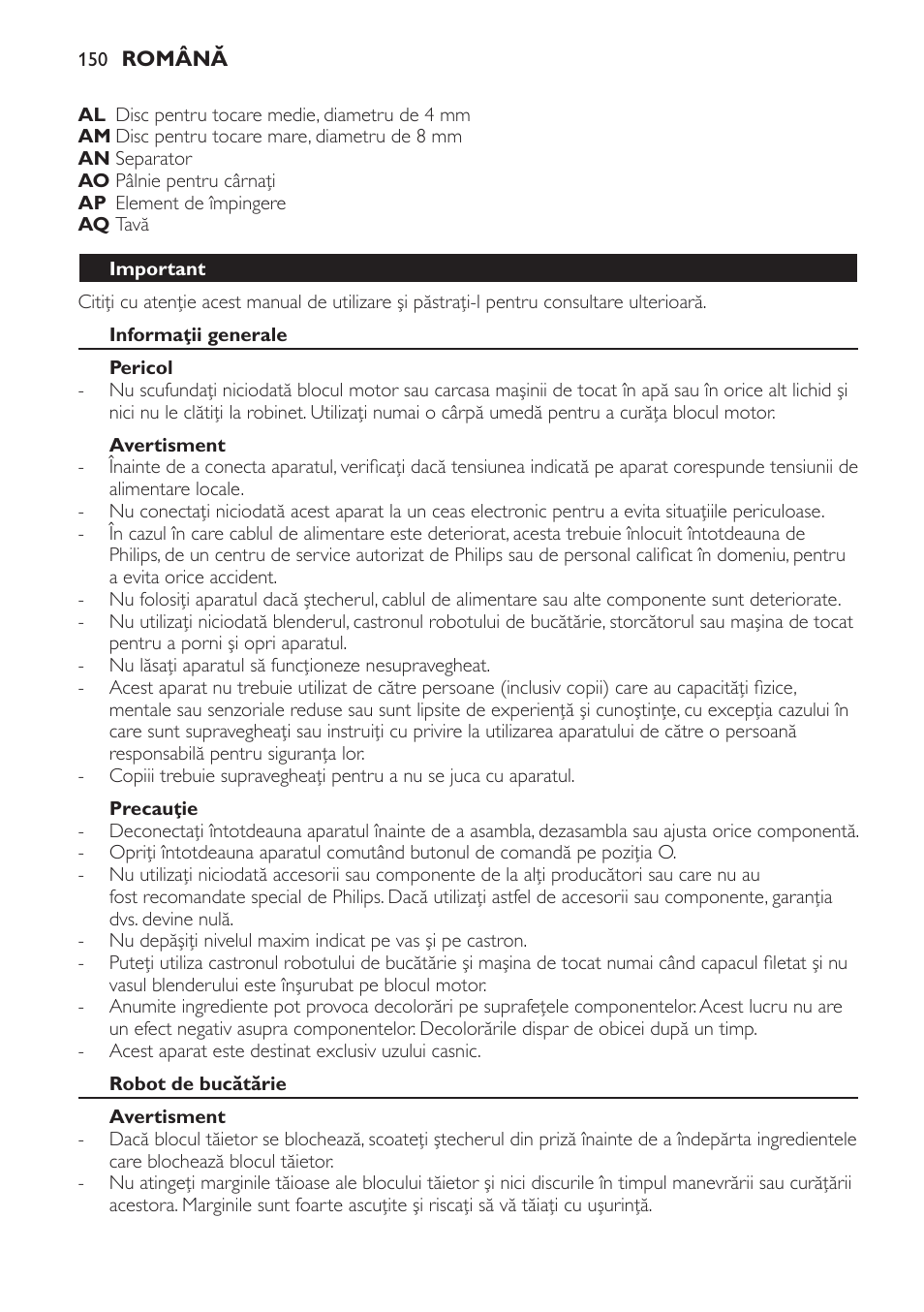 Important, Informaţii generale, Pericol | Avertisment, Precauţie, Robot de bucătărie | Philips HR7766 User Manual | Page 150 / 240
