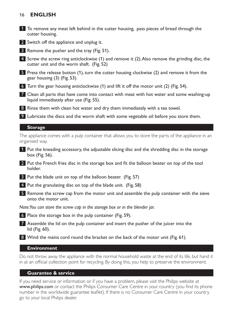 Storage, Environment, Guarantee & service | Philips HR7766 User Manual | Page 16 / 240