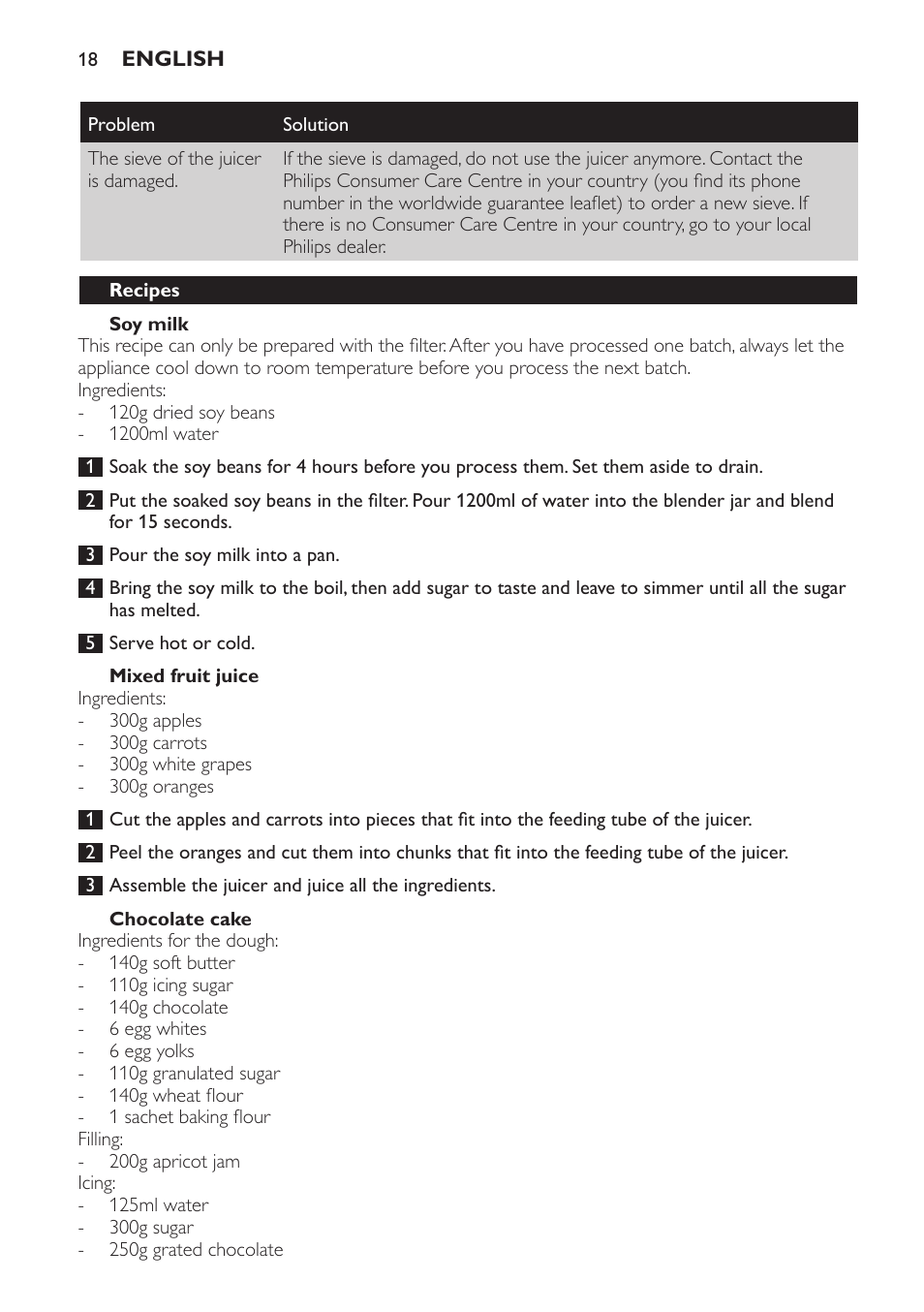 Soy milk, Mixed fruit juice, Chocolate cake | Recipes | Philips HR7766 User Manual | Page 18 / 240