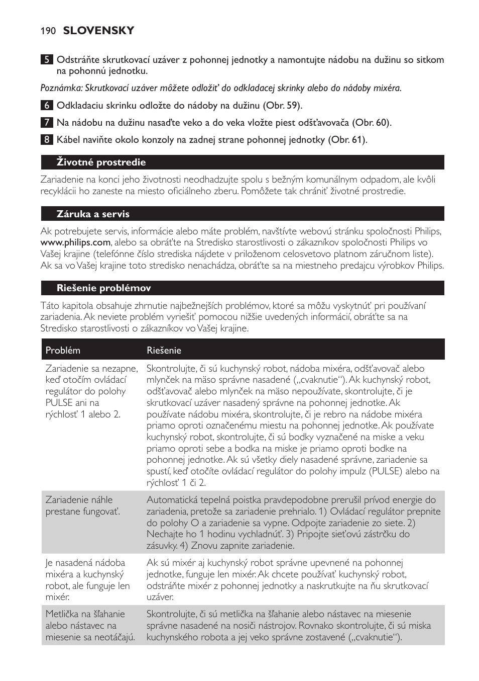 Životné prostredie, Záruka a servis, Riešenie problémov | Philips HR7766 User Manual | Page 190 / 240