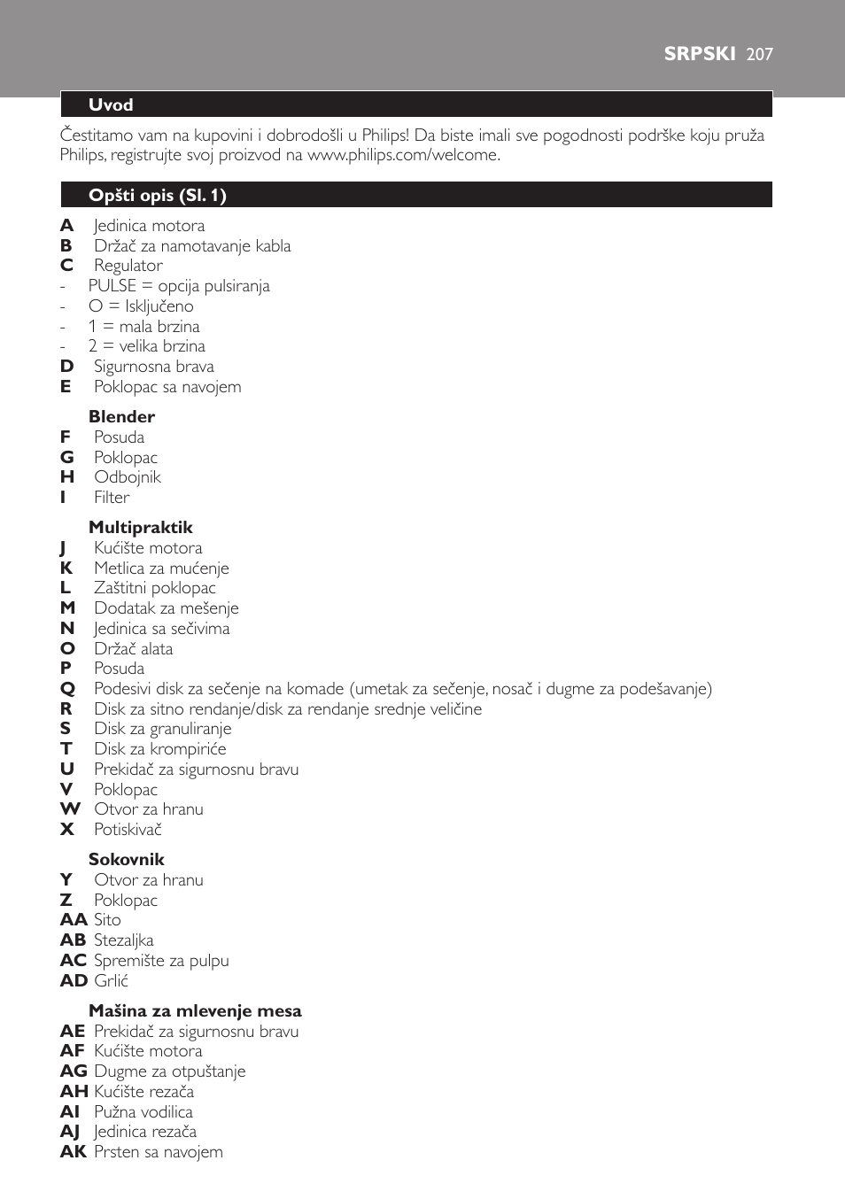 Blender, Multipraktik, Sokovnik | Mašina za mlevenje mesa, Srpski, Uvod, Opšti opis (sl. 1) | Philips HR7766 User Manual | Page 207 / 240