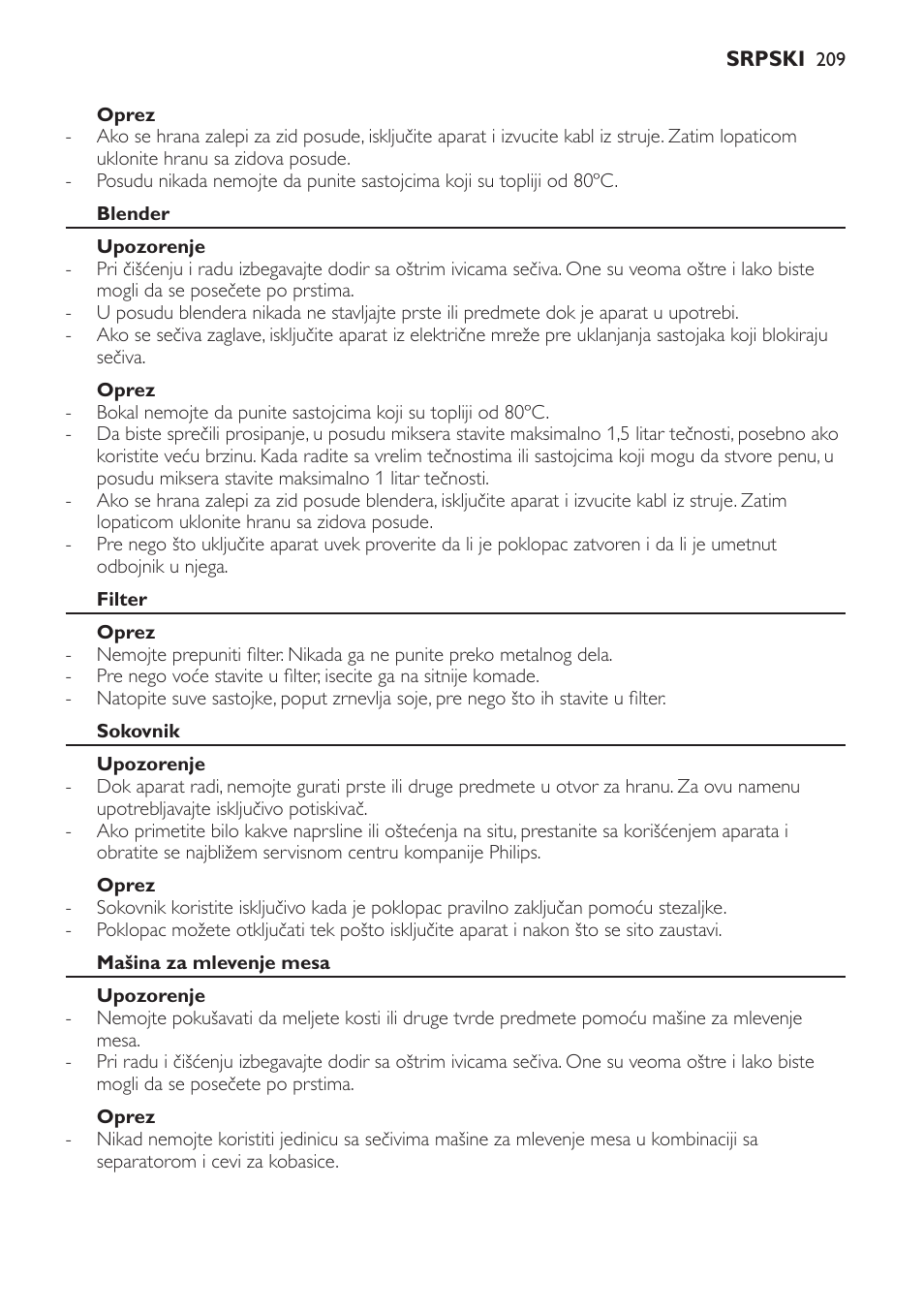 Oprez, Blender, Upozorenje | Filter, Sokovnik, Mašina za mlevenje mesa | Philips HR7766 User Manual | Page 209 / 240