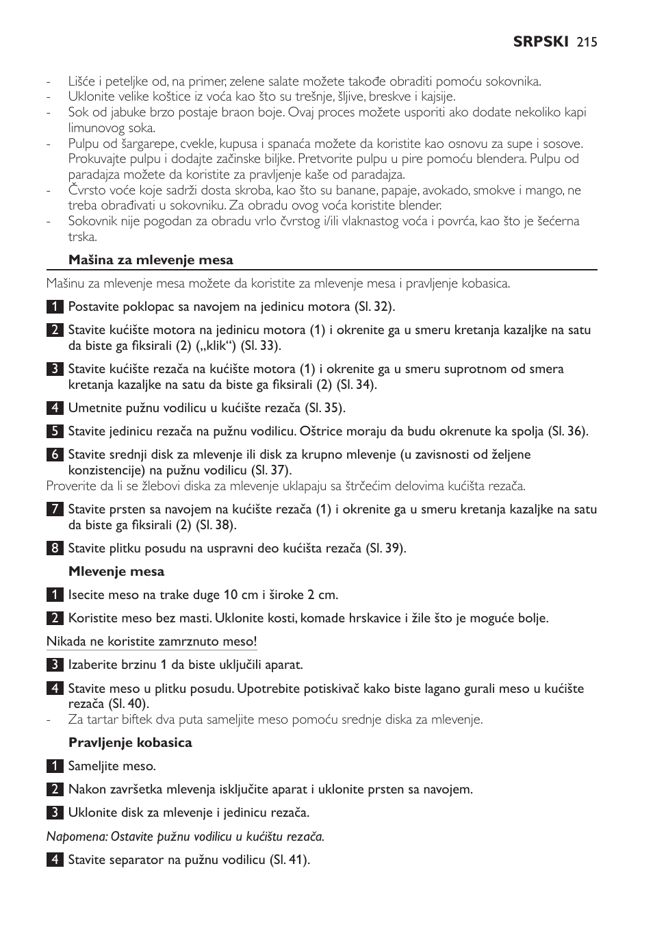 Mašina za mlevenje mesa, Mlevenje mesa, Pravljenje kobasica | Philips HR7766 User Manual | Page 215 / 240