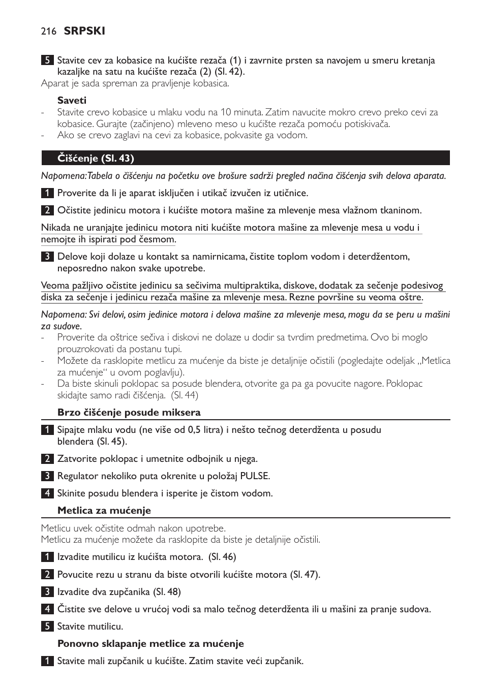 Saveti, Čišćenje (sl. 43), Brzo čišćenje posude miksera | Metlica za mućenje, Ponovno sklapanje metlice za mućenje | Philips HR7766 User Manual | Page 216 / 240