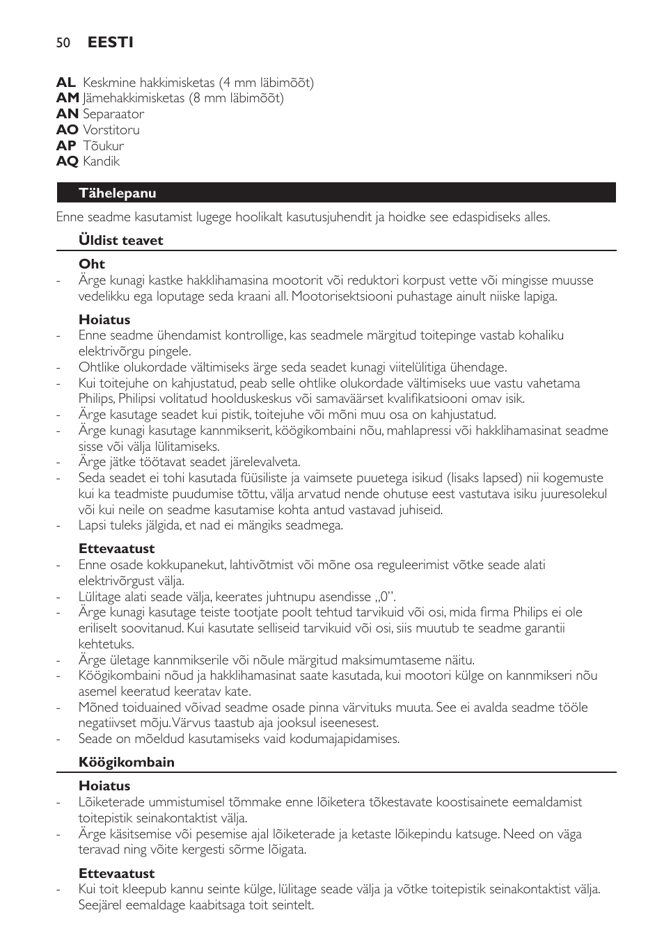 Tähelepanu, Üldist teavet, Hoiatus | Ettevaatust, Köögikombain | Philips HR7766 User Manual | Page 50 / 240
