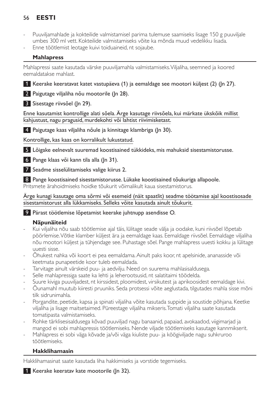 Mahlapress, Näpunäiteid, Hakklihamasin | Philips HR7766 User Manual | Page 56 / 240