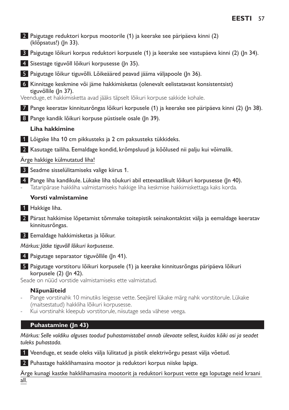 Liha hakkimine, Vorsti valmistamine, Näpunäiteid | Puhastamine (jn 43) | Philips HR7766 User Manual | Page 57 / 240