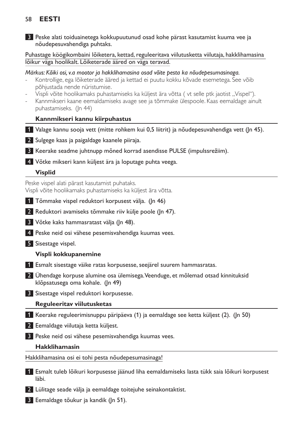 Kannmikseri kannu kiirpuhastus, Visplid, Vispli kokkupanemine | Reguleeritav viilutusketas, Hakklihamasin | Philips HR7766 User Manual | Page 58 / 240