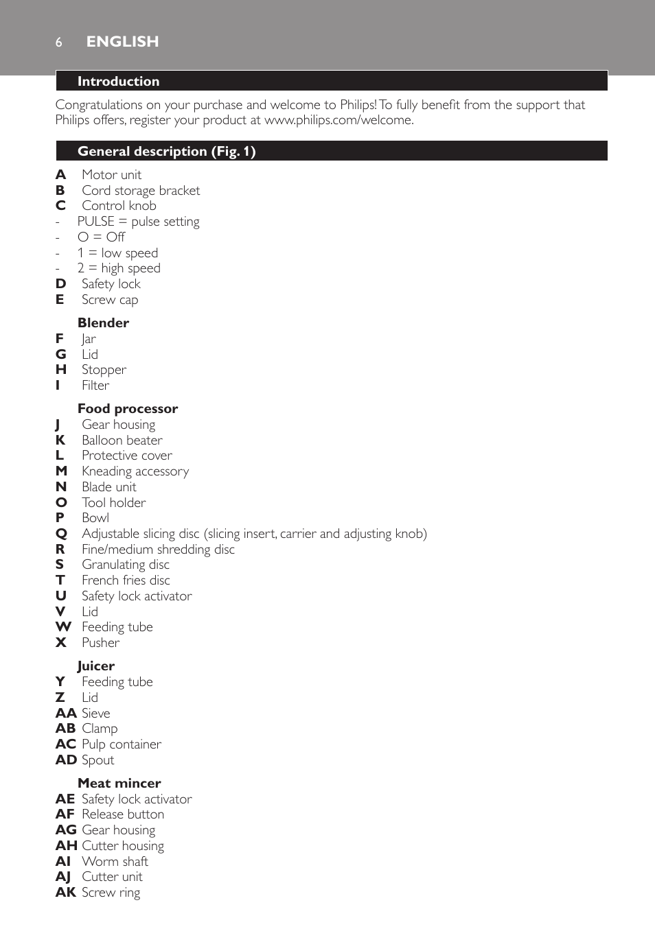 English, Introduction, General description (fig. 1) | Blender, Food processor, Juicer, Meat mincer | Philips HR7766 User Manual | Page 6 / 240