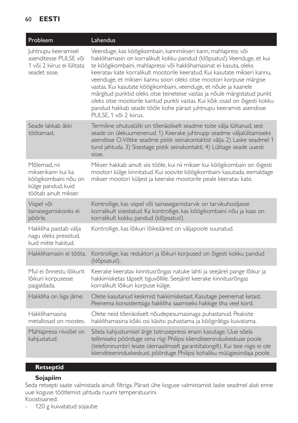 Sojapiim, Retseptid | Philips HR7766 User Manual | Page 60 / 240