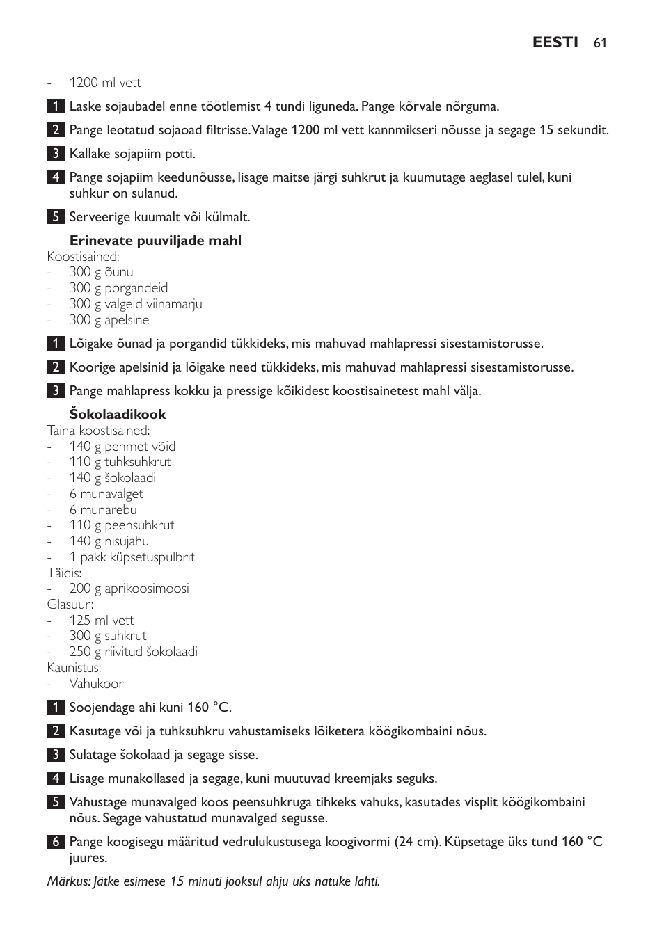 Erinevate puuviljade mahl, Šokolaadikook | Philips HR7766 User Manual | Page 61 / 240