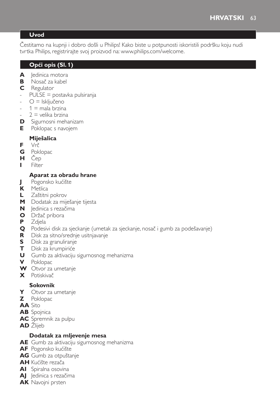 Miješalica, Aparat za obradu hrane, Sokovnik | Dodatak za mljevenje mesa, Hrvatski, Uvod, Opći opis (sl. 1) | Philips HR7766 User Manual | Page 63 / 240