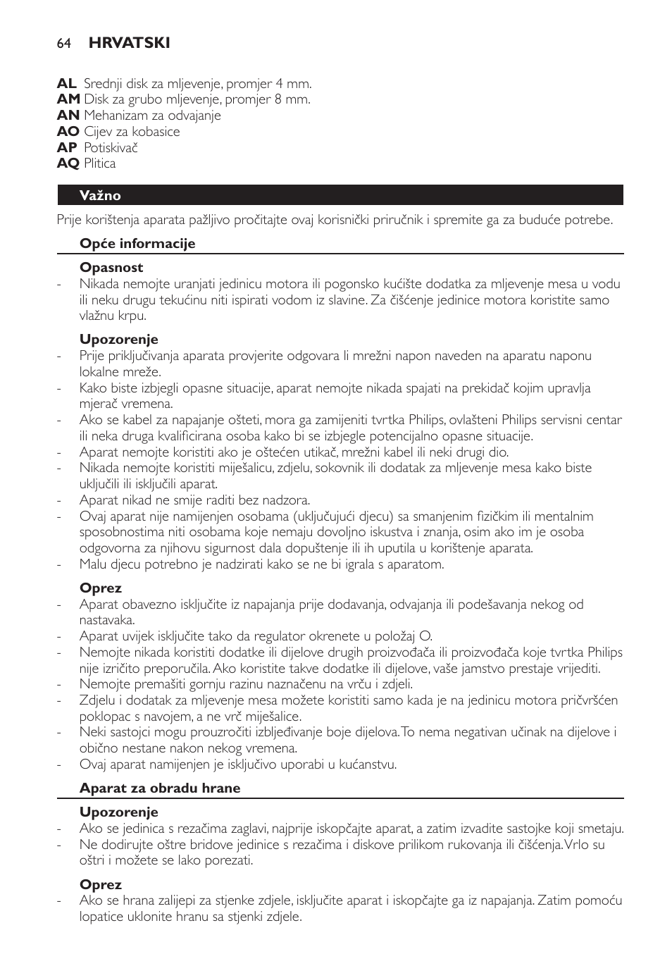 Važno, Opće informacije, Opasnost | Upozorenje, Oprez, Aparat za obradu hrane | Philips HR7766 User Manual | Page 64 / 240