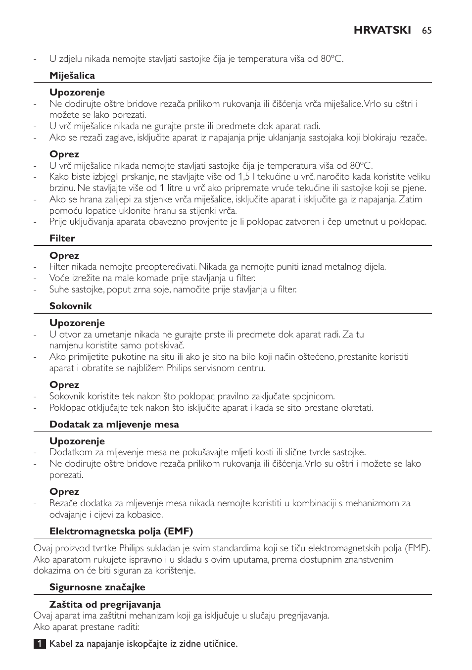Miješalica, Upozorenje, Oprez | Filter, Sokovnik, Dodatak za mljevenje mesa, Elektromagnetska polja (emf), Sigurnosne značajke, Zaštita od pregrijavanja | Philips HR7766 User Manual | Page 65 / 240