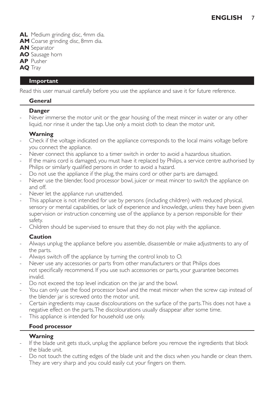 Important, General, Danger | Warning, Caution, Food processor | Philips HR7766 User Manual | Page 7 / 240