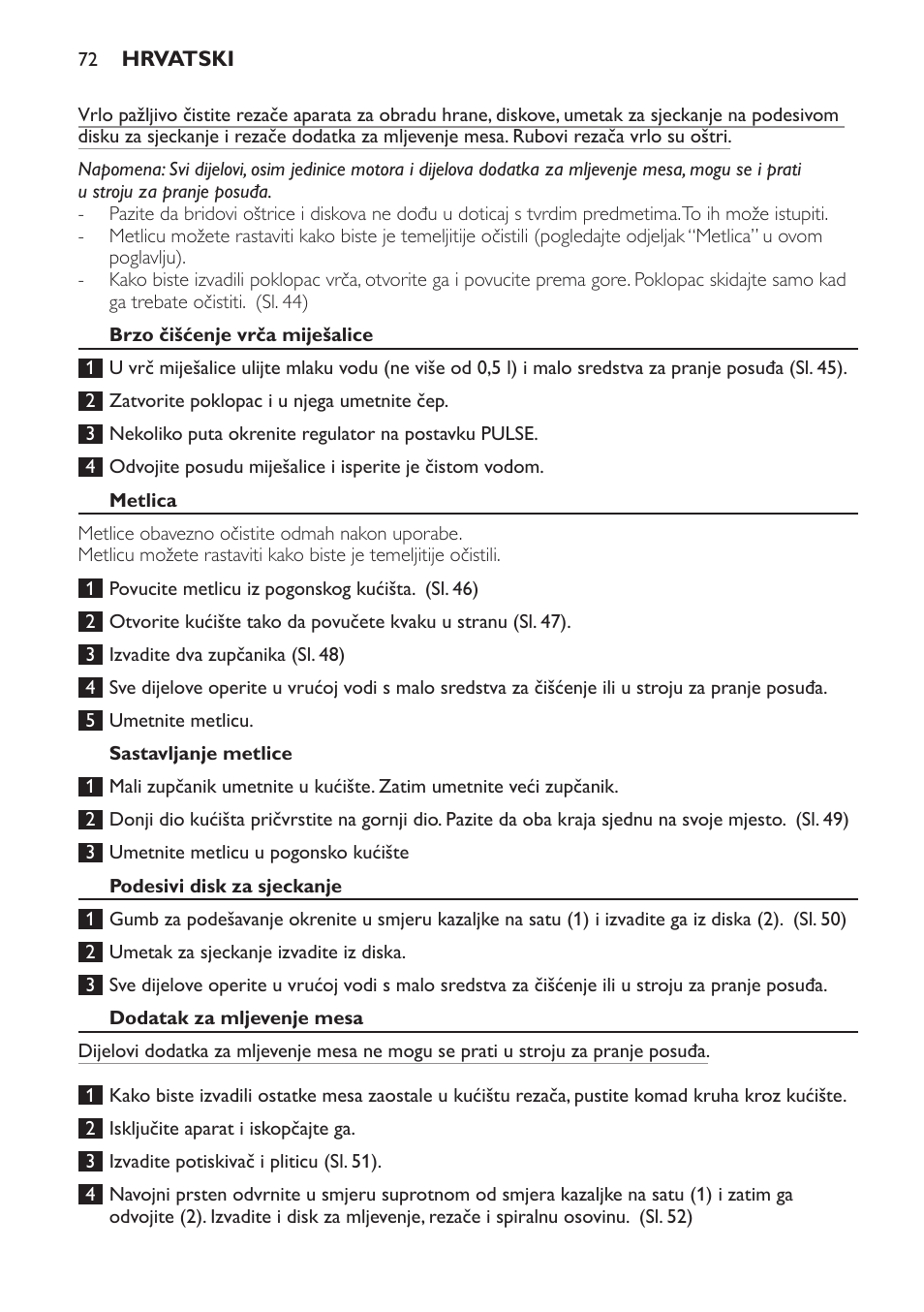 Brzo čišćenje vrča miješalice, Metlica, Sastavljanje metlice | Podesivi disk za sjeckanje, Dodatak za mljevenje mesa | Philips HR7766 User Manual | Page 72 / 240