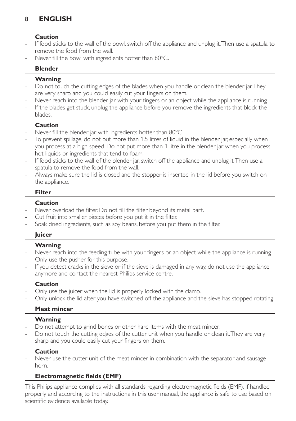 Caution, Blender, Warning | Filter, Juicer, Meat mincer, Electromagnetic fields (emf) | Philips HR7766 User Manual | Page 8 / 240