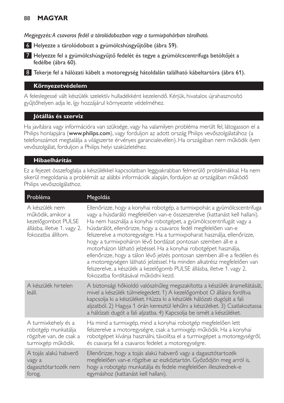 Környezetvédelem, Jótállás és szerviz, Hibaelhárítás | Philips HR7766 User Manual | Page 88 / 240