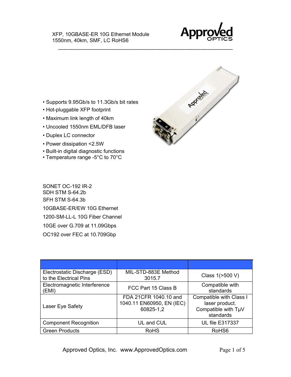 Approved Optics Approved FORCE10 GP-XFP-1E User Manual | 5 pages