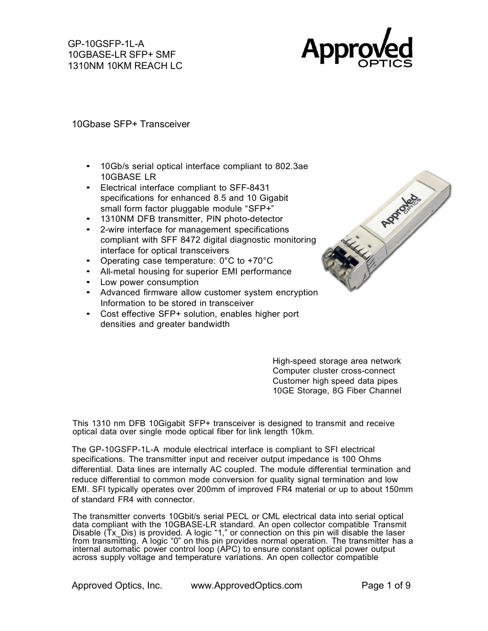 Approved Optics Approved FORCE10 GP-10GSFP-1L User Manual | 9 pages