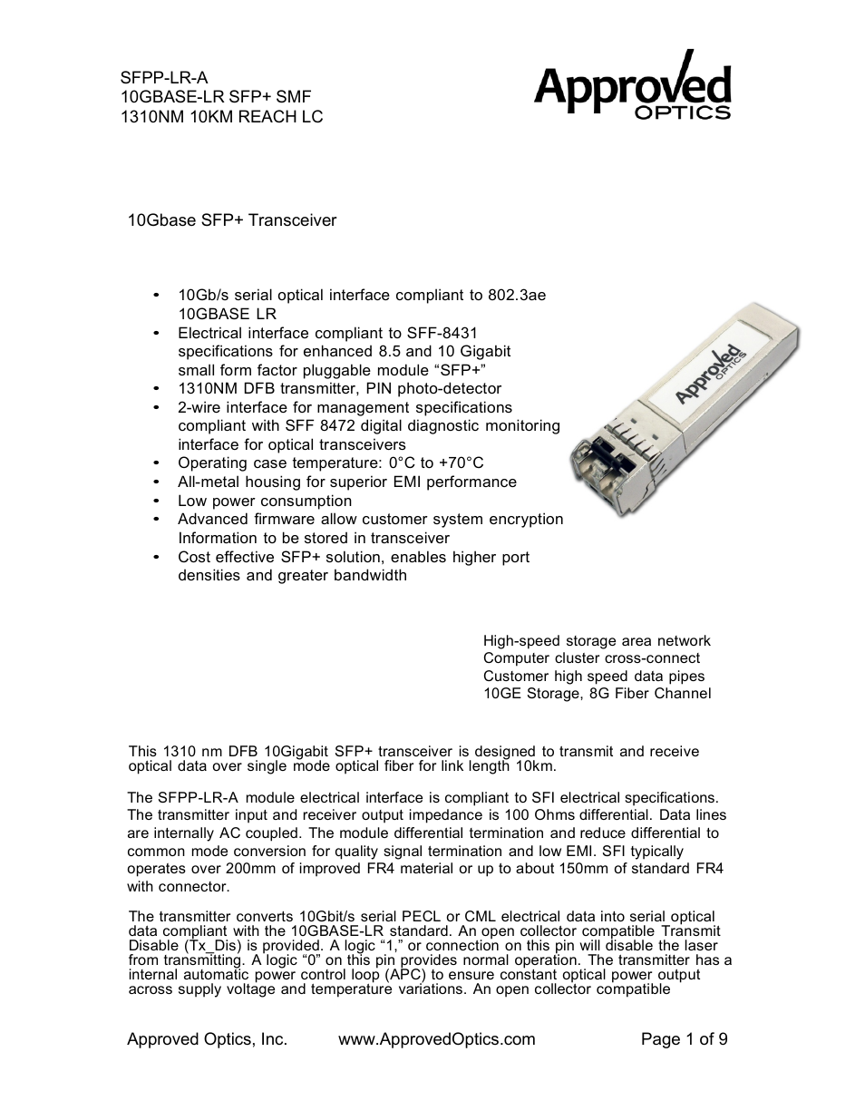 Approved Optics Approved FUJITSU SFPP-LR User Manual | 9 pages