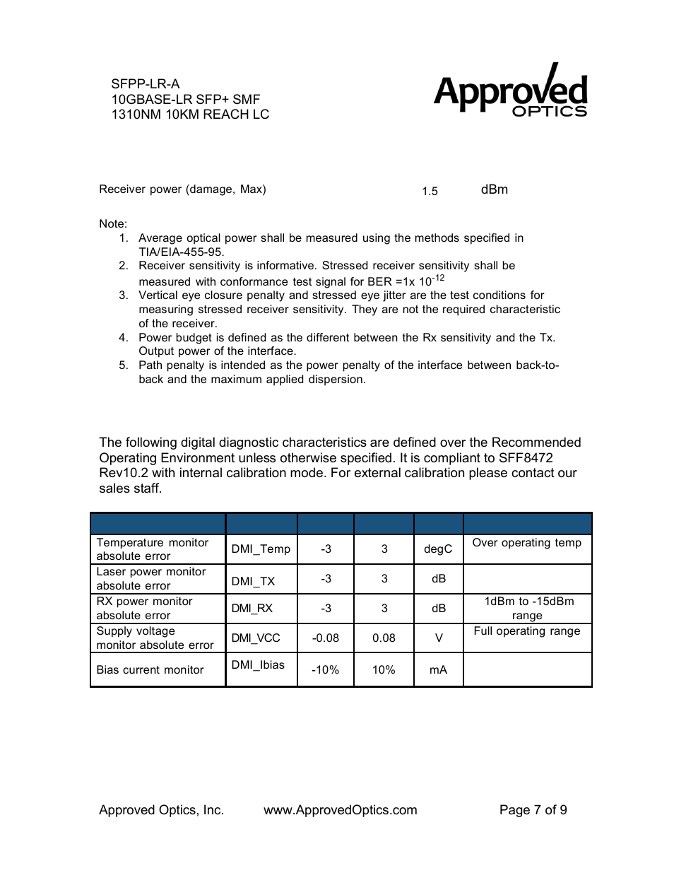 Digital diagnostic functions | Approved Optics Approved FUJITSU SFPP-LR User Manual | Page 7 / 9