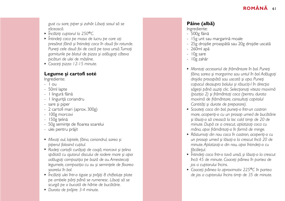 Română, Legume şi cartofi soté, Pâine (albă) | Philips HR7755 User Manual | Page 61 / 202