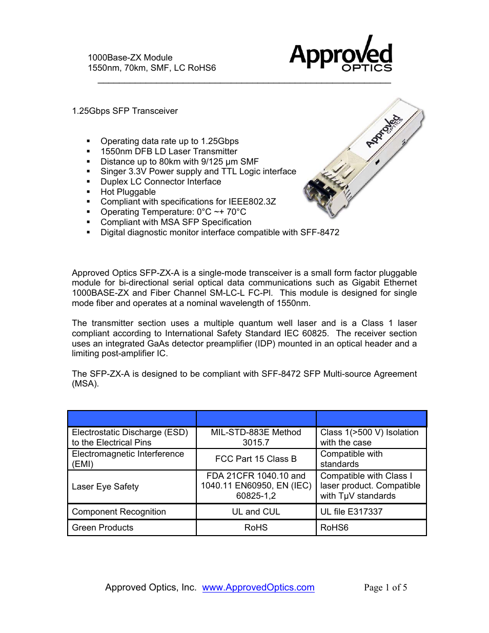 Approved Optics Approved ARUBA SFP-ZX User Manual | 5 pages