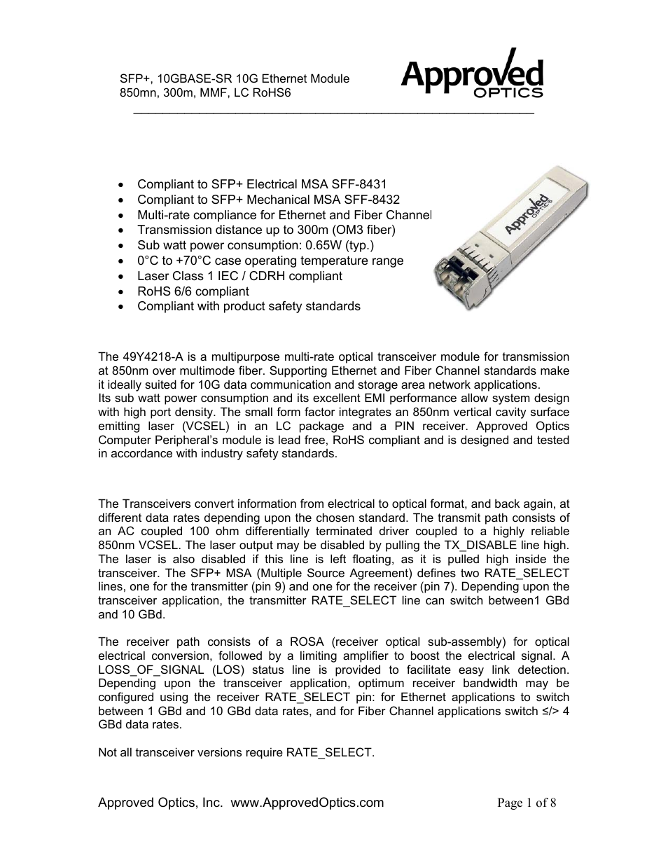 Approved Optics Approved IBM 49Y4218 User Manual | 8 pages