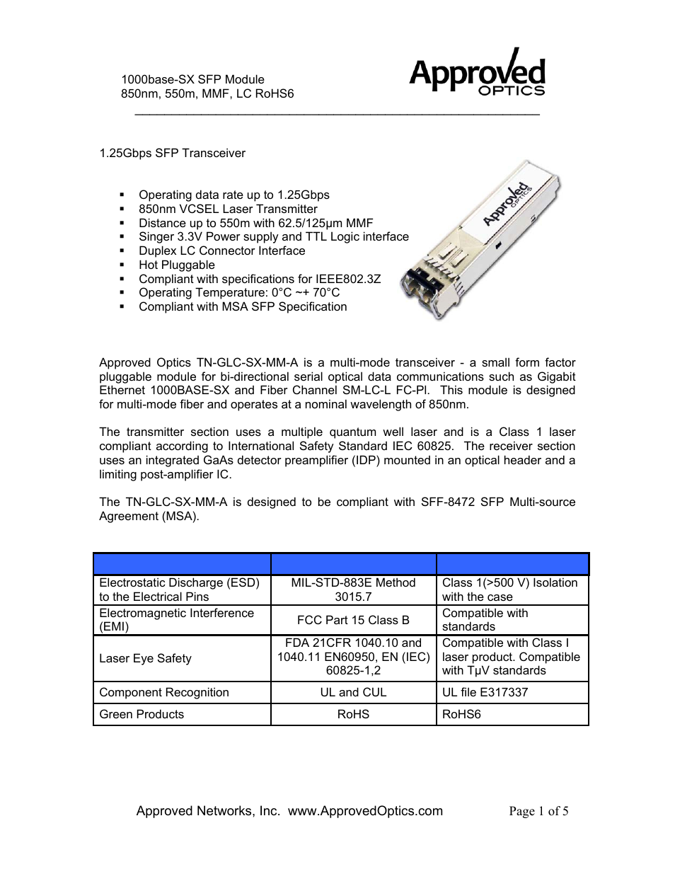 Approved Optics Approved TRANSITION NETWORKS TN-GLC-SX-MM User Manual | 5 pages