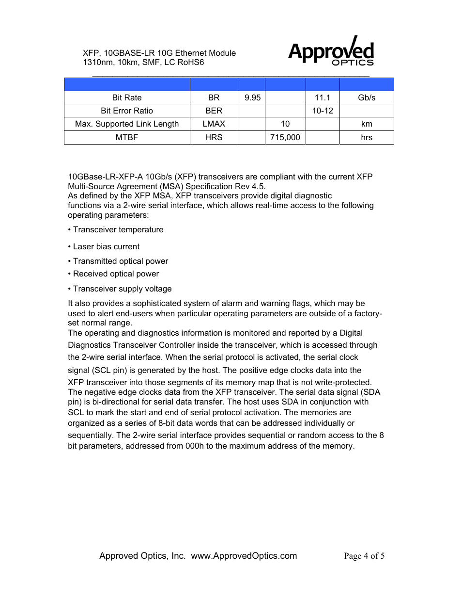 Digital diagnostic functions | Approved Optics Approved ENTERASYS 10GBASE-LR-XFP User Manual | Page 4 / 5