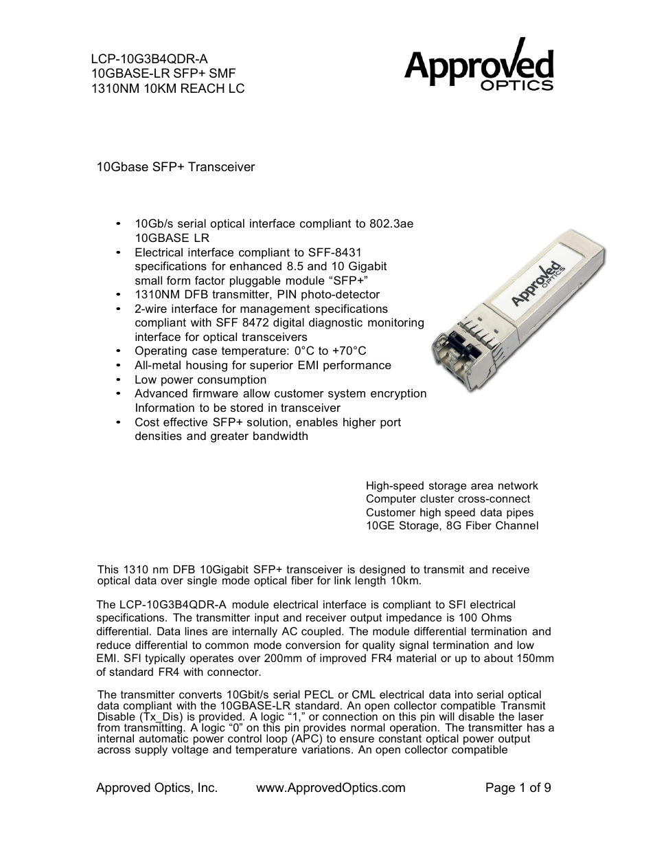 Approved Optics Approved DELTA LCP-10G3B4QDR User Manual | 9 pages