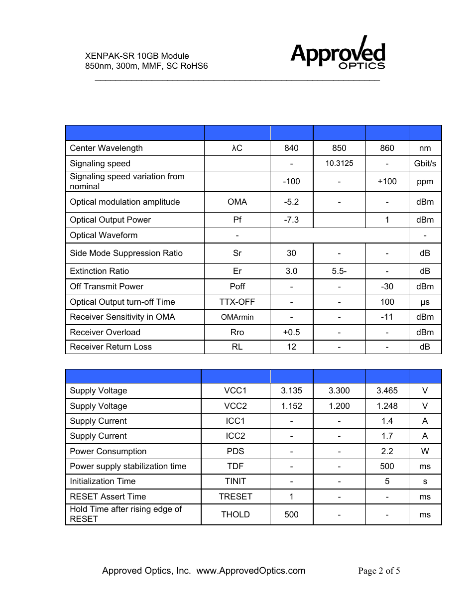 Optical characteristics, Electrical performance, 10g-xnpk-sr-a | Approved Optics Approved FOUNDRY 10G-XNPK-SR User Manual | Page 2 / 5