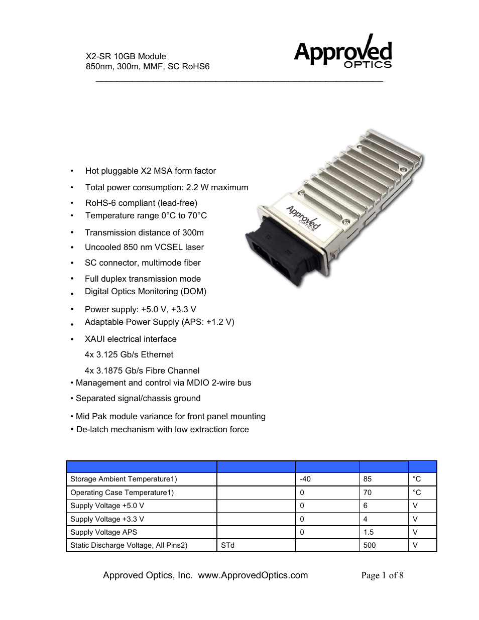 Approved Optics Approved CISCO X2-10GB-SR User Manual | 8 pages