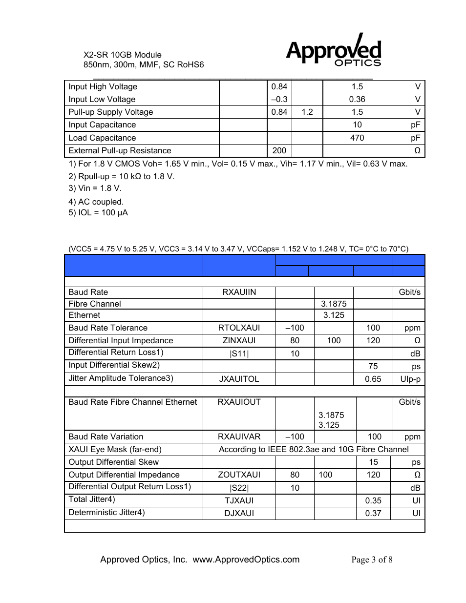 Electrical ac characteristics, X2-10gb-sr-a | Approved Optics Approved CISCO X2-10GB-SR User Manual | Page 3 / 8