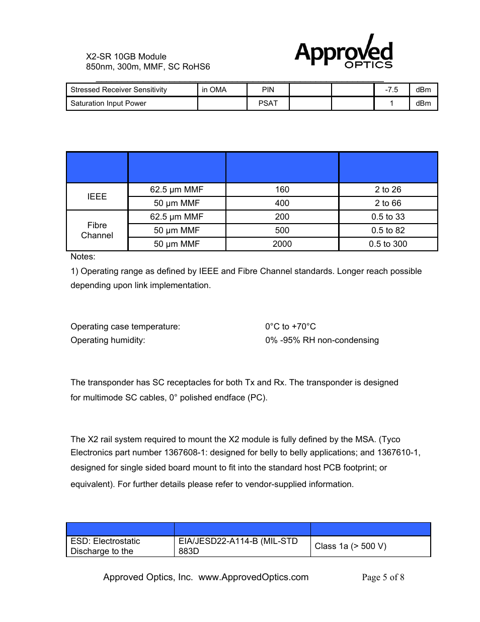 General specifications, Environmental performance, Fibers and connectors | Regulatory compliance, Optical interface standard specifications, Rail and mechanical mounting requirements | Approved Optics Approved CISCO X2-10GB-SR User Manual | Page 5 / 8