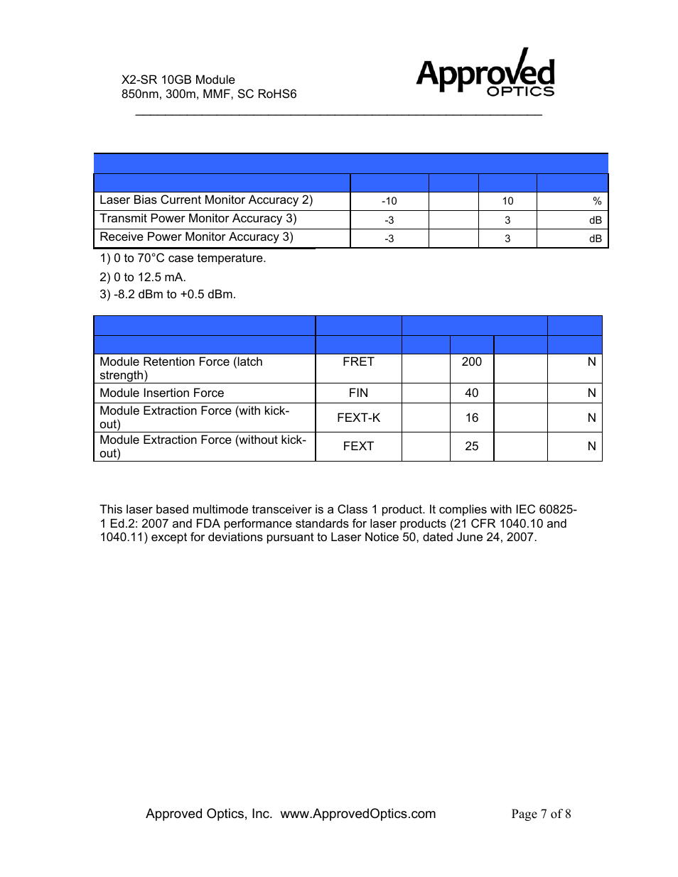 Dom parameters, Eye safety, X2-10gb-sr-a | Approved Optics Approved CISCO X2-10GB-SR User Manual | Page 7 / 8