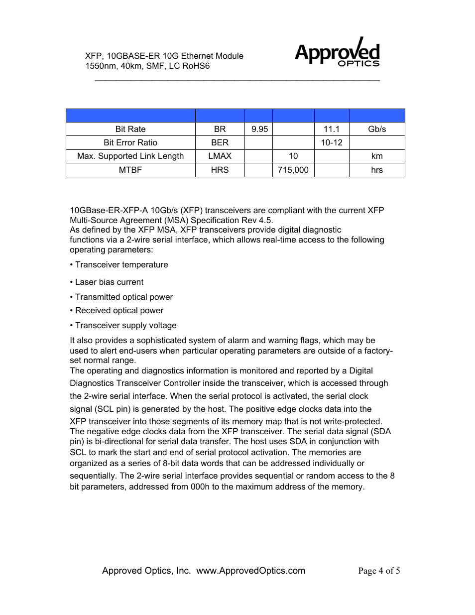 Approved Optics Approved ENTERASYS 10GBASE-ER-XFP User Manual | Page 4 / 5