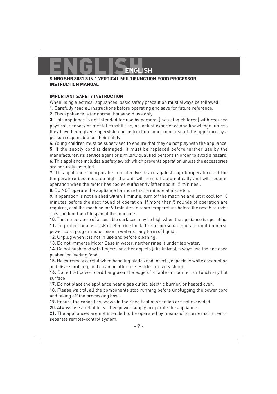 English | SINBO SHB 3081 User Manual | Page 10 / 53