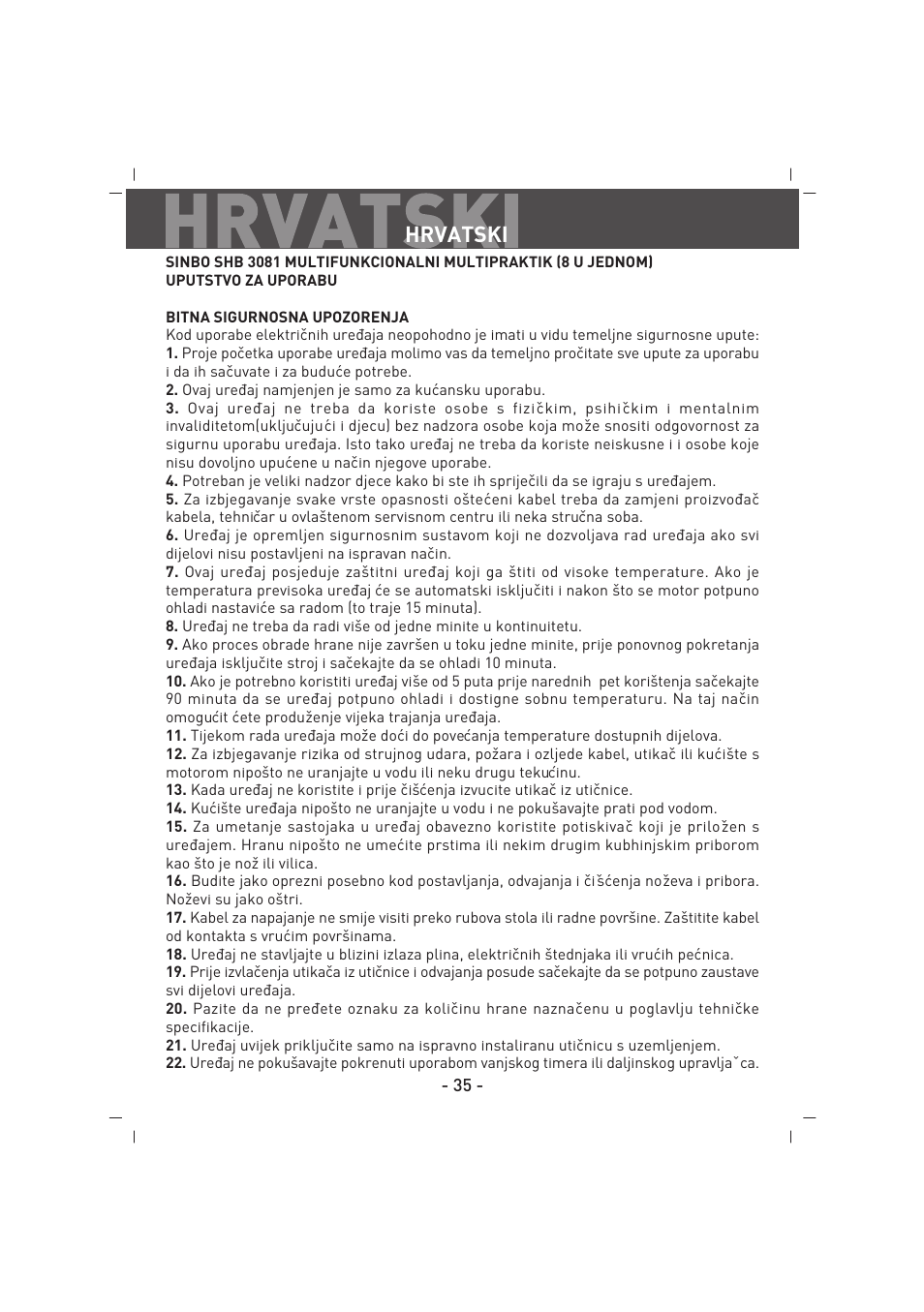 Hrvatski | SINBO SHB 3081 User Manual | Page 36 / 53